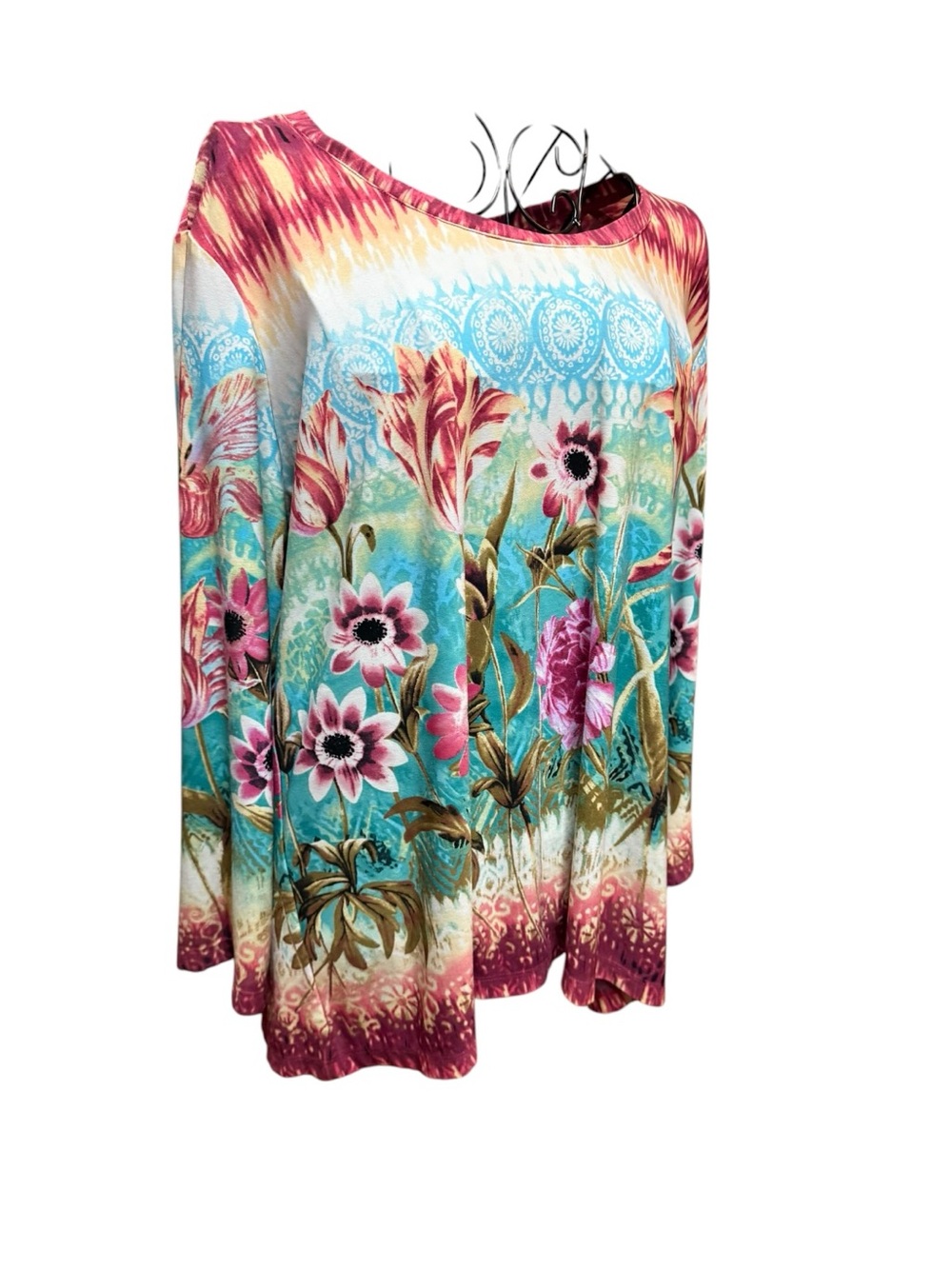 Floral Watercolor Long-Sleeve Scoop Neck Top - Teal & Pink XL - Picture 2 of 7